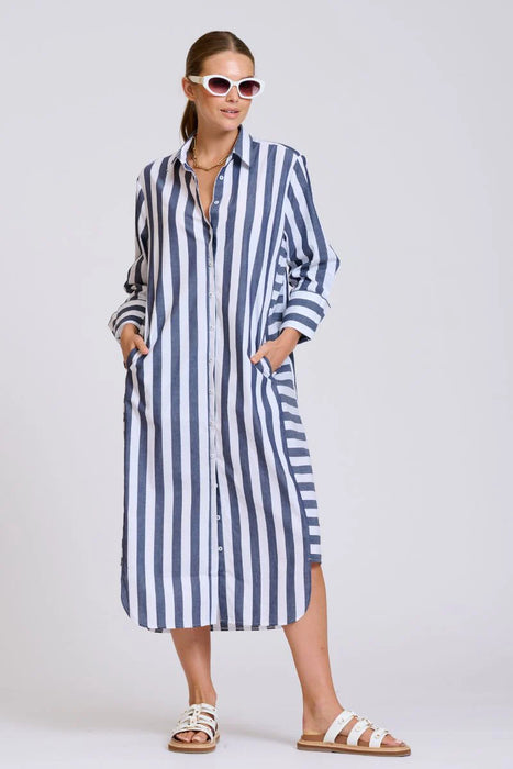 The Andrea Shirt Dress - Navy and white